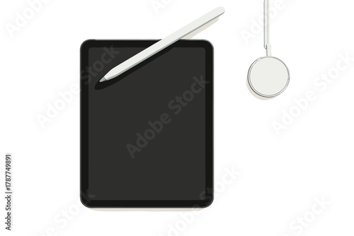 Modern digital tablet with stylus pen and wireless charging pad