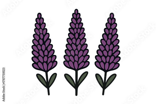 Three stylized purple flower spikes with green leaves