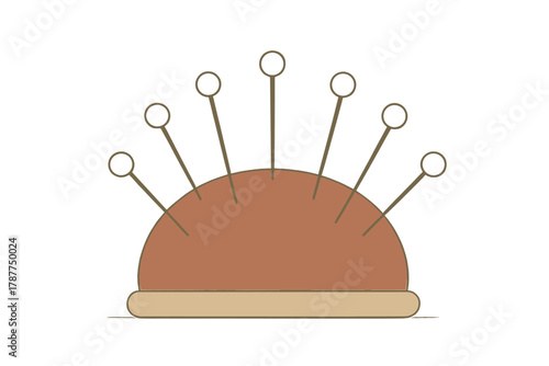 Round pincushion holding sharp sewing pins for crafting and tailoring