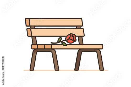 Empty wooden park bench with single red rose lying on seat