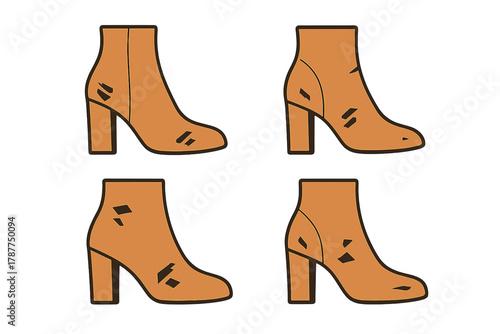 Set of four brown ankle boots with chunky heels and distressed details