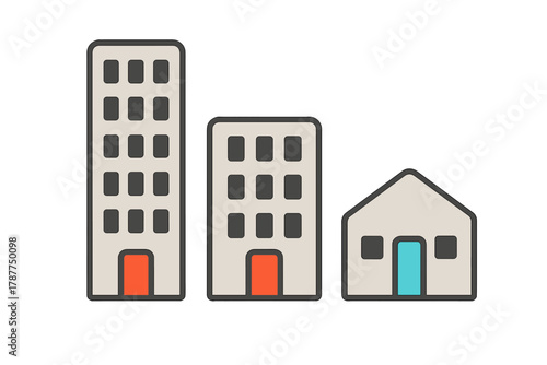 Three simplified building icons: apartment tower, mid-rise structure, and small house