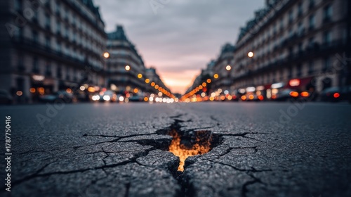 Fototapeta Naklejka Na Ścianę i Meble -  Cracked asphalt road in a city at dusk with blurred lights