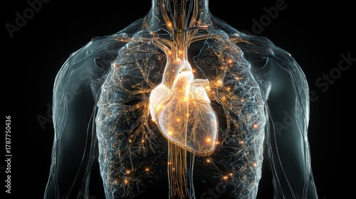 Glowing digital heart and vascular system: futuristic medical visualization