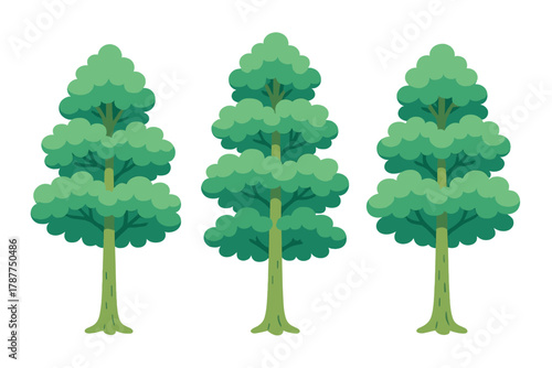 Set of three stylized green deciduous trees with layered foliage and brown trunks
