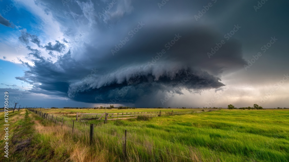 Obraz premium Supercell storm cloud forming over a vast green field, dramatic weather event bringing heavy rain and wind