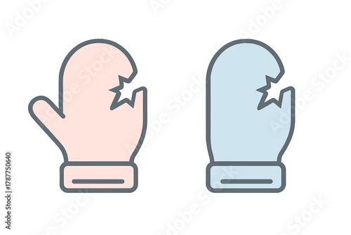 Pair of broken winter mittens icons with impact star symbol