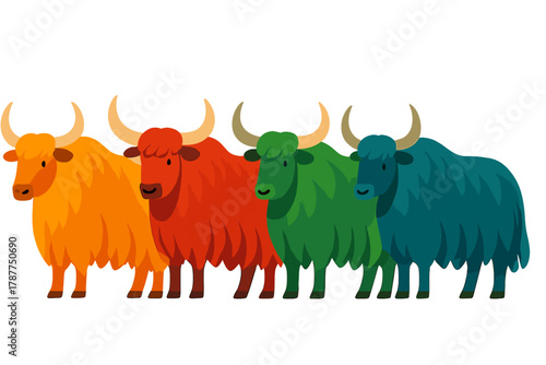 Four colorful cartoon yaks with horns standing in a row isolated