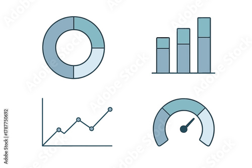 Four business data visualization icons featuring charts and speed gauge
