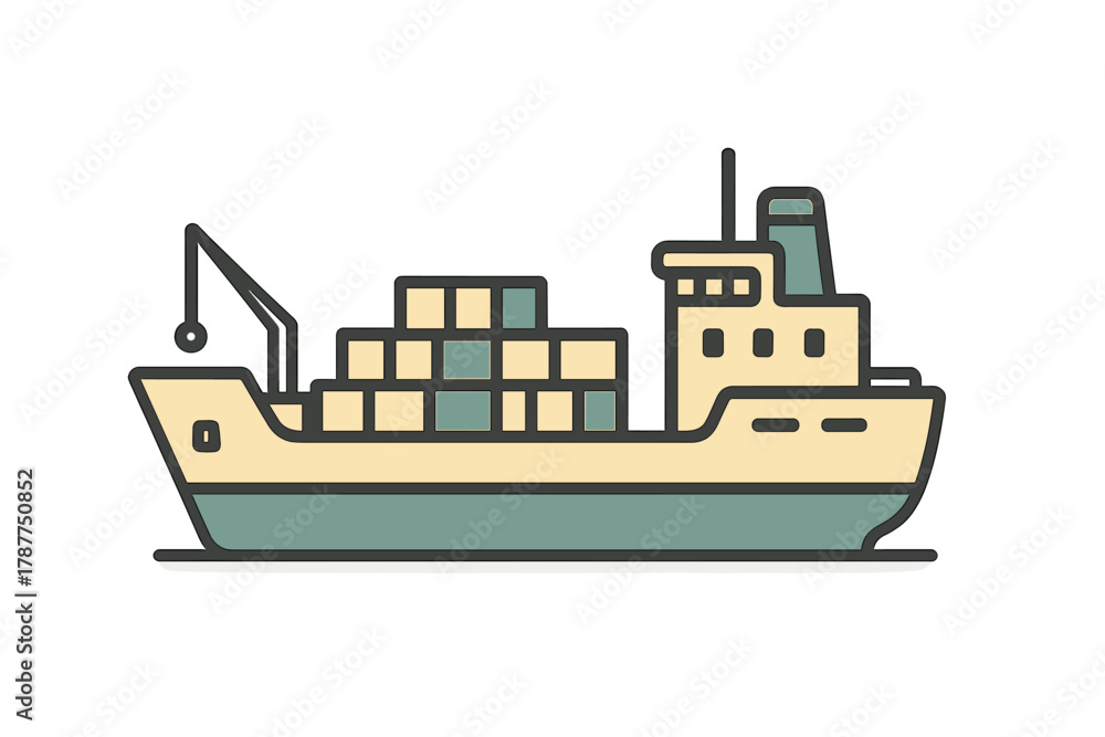 Obraz premium Cargo ship with containers and loading crane side view icon graphic