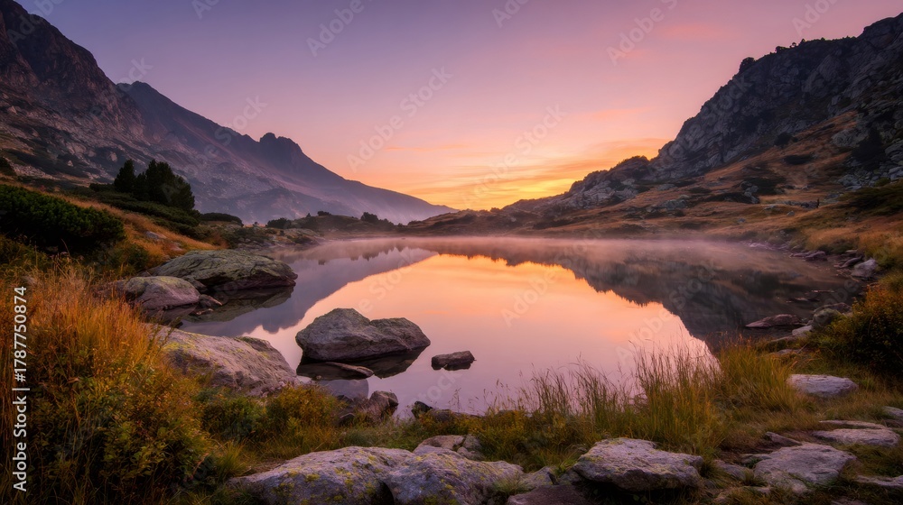 Obraz premium Mountain lake reflecting early morning light with mist covering water surface and surrounding autumn landscape