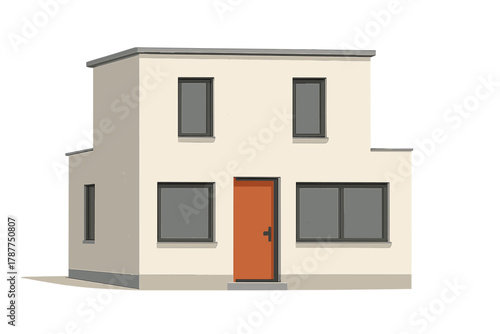 Modern two story detached house facade featuring bright orange entry door