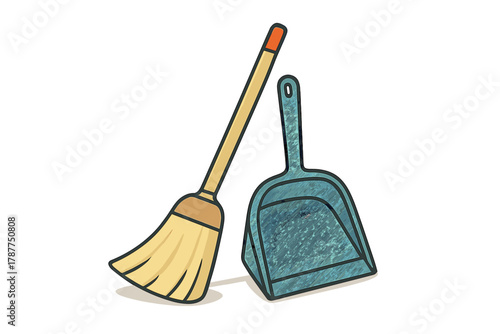 Broom and dustpan cleaning tools set icon graphic