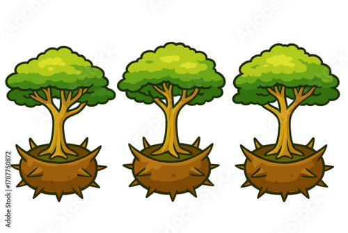 Three cartoon thorny chestnut trees growing from brown spiky husks