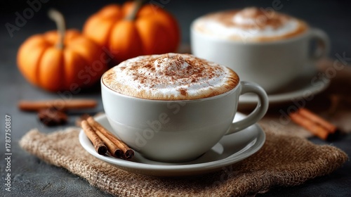 Fototapeta Naklejka Na Ścianę i Meble -  Delicious Pumpkin Spice Latte with Cinnamon and Pumpkins in Autumn