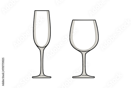 Outline of Champagne Flute and Wine Glass for Beverage Concepts