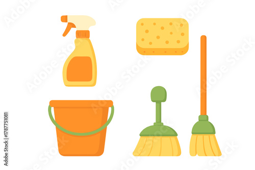 Colorful assortment of essential household cleaning supplies and tools