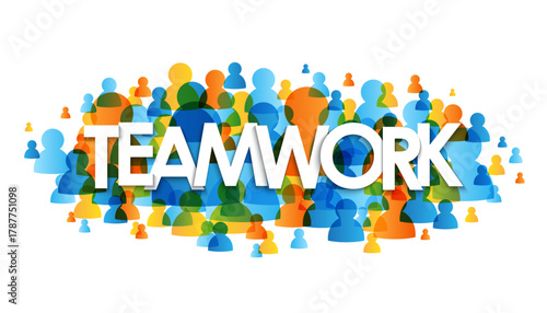 TEAMWORK blue and orange vector typography anner with user profile symbols 
