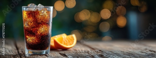 Refreshing cola: glass with ice and orange slice on a wooden table in summer
