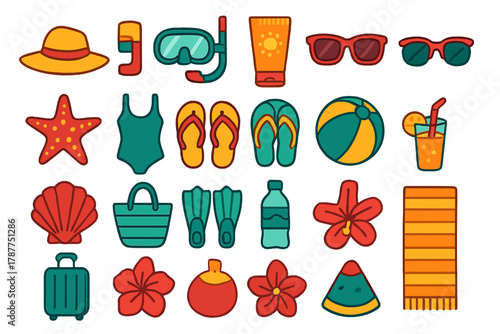 Colorful flat style icons for summer vacation and beach themes