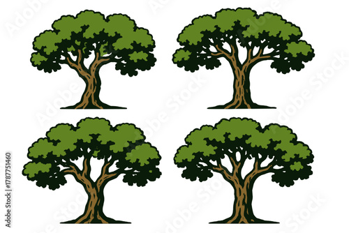 Four stylized deciduous trees with green foliage and brown trunks