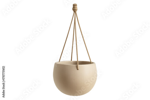 Empty ceramic beige hanging planter pot with rope