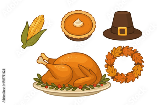 Traditional holiday food and pilgrim hat icons set for Thanksgiving celebration
