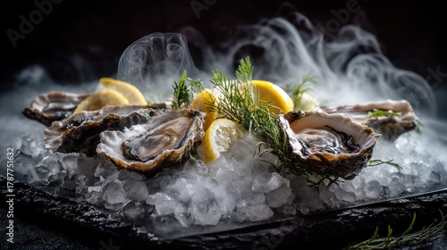 Stunning presentation of fresh oysters served on crushed ice with lemon and smoke