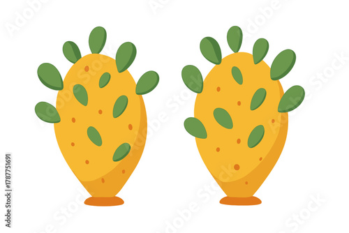 Stylized prickly pear cactus pads with green leaves in warm colors