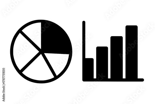 Pie chart and bar graph icons for data visualization and statistics analysis