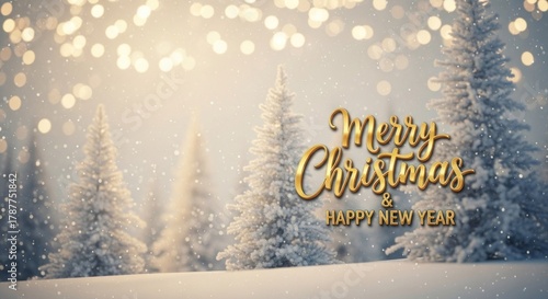 Merry Christmas and Happy New Year greeting on a snowy winter forest landscape with festive bokeh lights.