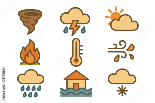 Collection of natural disaster and weather condition symbols for climate alerts