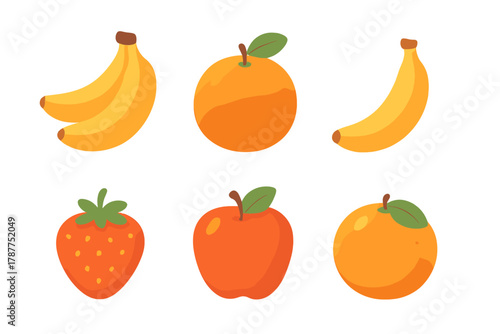 Stylized fresh fruit icons assortment featuring bananas oranges and strawberry