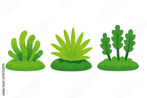 Three stylized green plant and bush icons with rounded foliage on white background