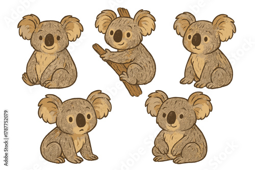 Collection of cute cartoon koalas in various poses with textured style
