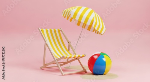 A vibrant beach setup with a striped chair, sunshade, and colorful ball on pink background