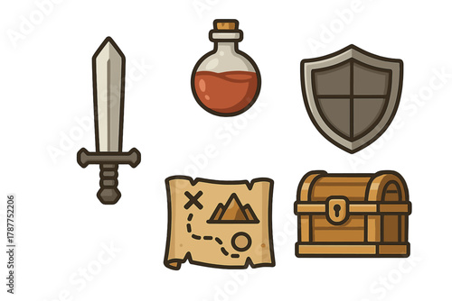 Fantasy game adventure icons set with sword potion shield map and treasure chest