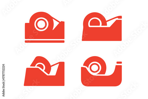 Four adhesive tape dispenser icons in solid red style