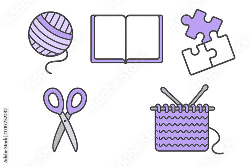 Collection of crafting and hobby icons featuring yarn, book, puzzle, and scissors