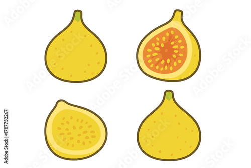 Yellow fig fruit icons whole and halved stylized shapes