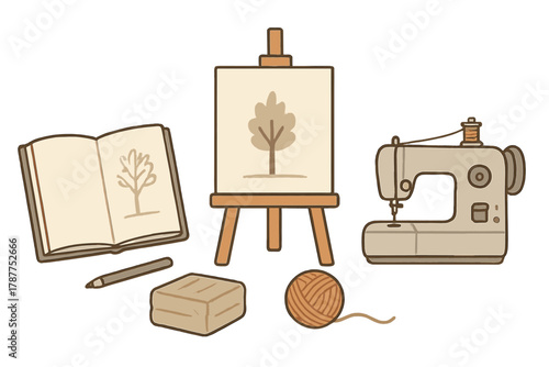Assortment of crafting and art supplies including sewing machine and easel