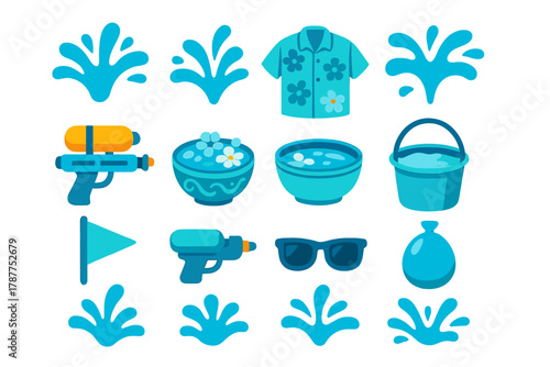 Set of flat icons for water festival featuring squirt guns and splashes