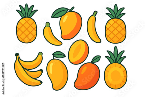 Assortment of tropical fruits icons featuring mangoes, bananas, and pineapples