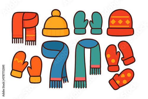 Colorful assortment of knit winter hats scarves and mittens icons