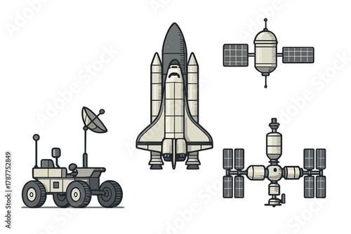 Set of space exploration vehicles and orbital station symbols