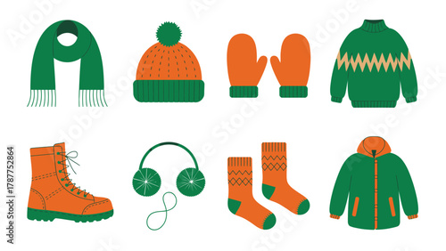 Winter clothing and accessories, warm hats, scarves, gloves, socks, boots, and jackets, perfect for cold weather fashion and lifestyle illustration.