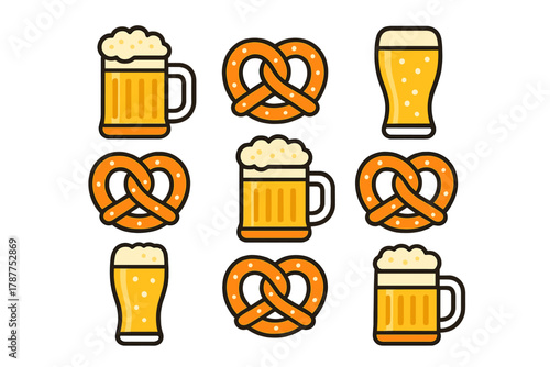 Set of beer mugs, glasses, and soft pretzels icons