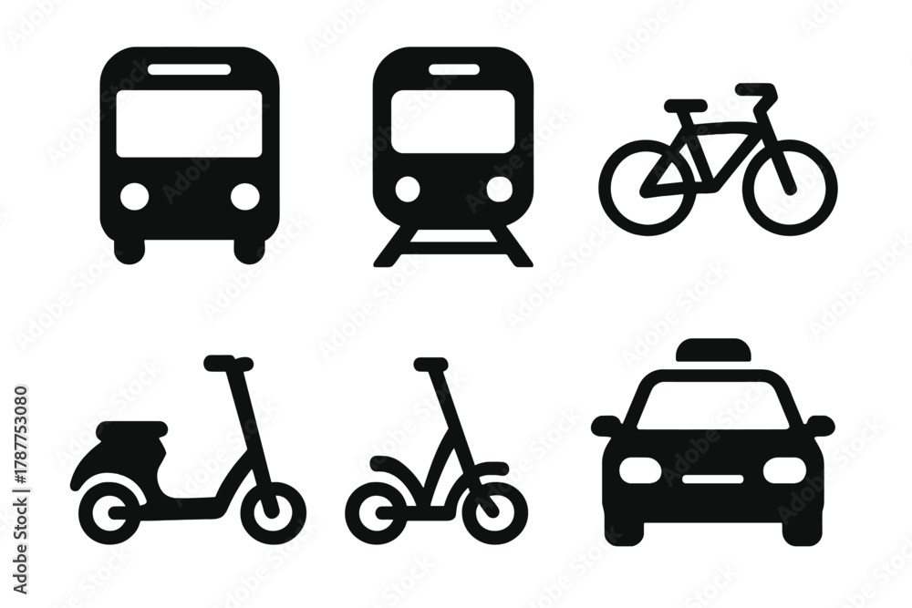 Naklejka premium Simple black and white icons for various transportation and vehicle types