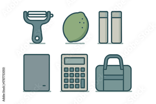 Kitchen and flat design icons featuring peeler and calculator