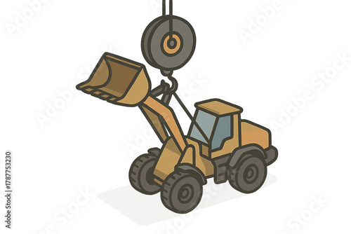 Isometric front loader machine with overhead lifting hook attachment